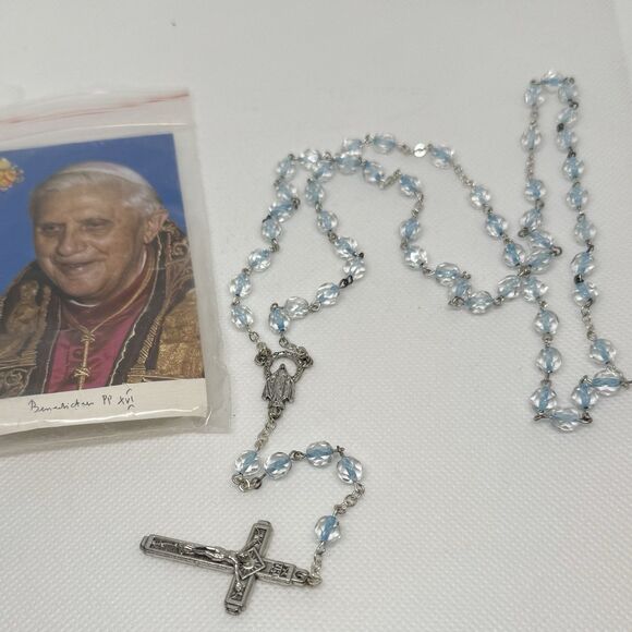 Pope Benedict Blue Rosary Beads and Rosary Box Made in  italy - Picture 1 of 5